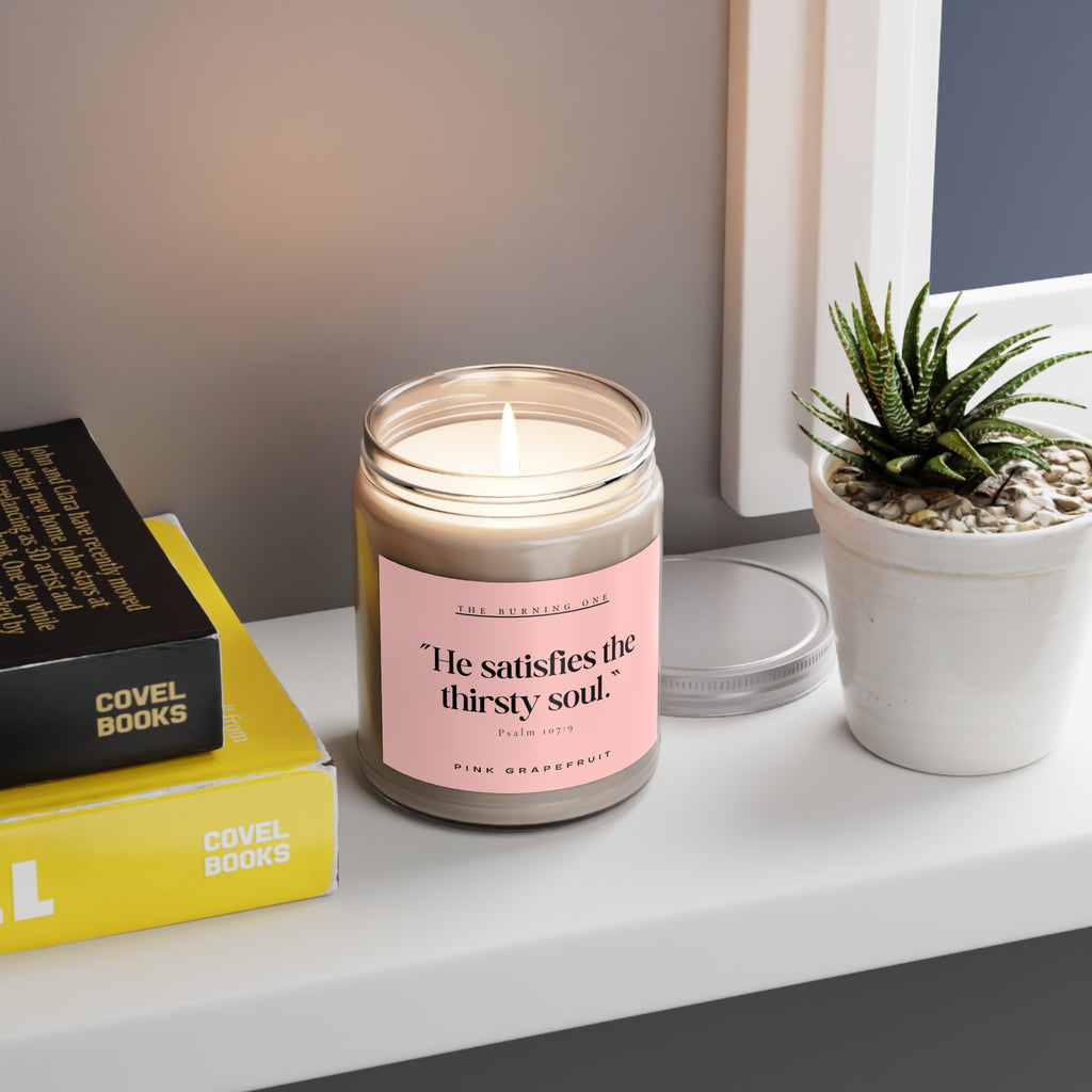 Pink Grapefruit Soy Candle — "He satisfies the thirsty soul." (9 oz, White Lid)