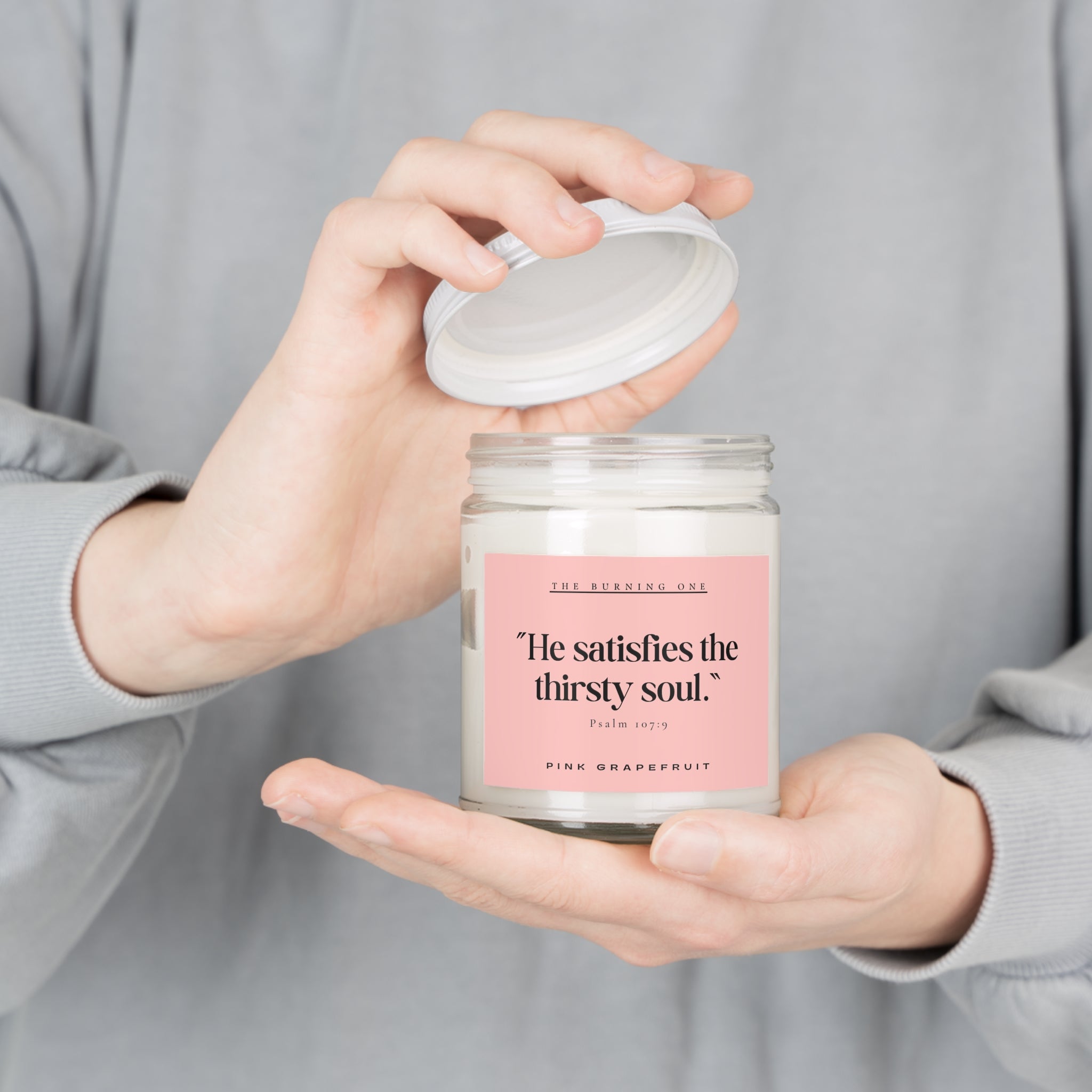 Pink Grapefruit Soy Candle — "He satisfies the thirsty soul." (9 oz, White Lid)