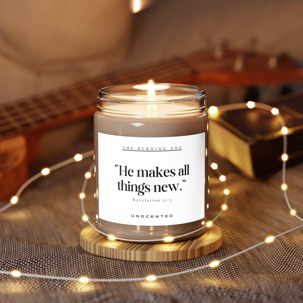 Scented Candle — “He makes all things new.” Inspirational Soy Jar (9oz, Unscented)