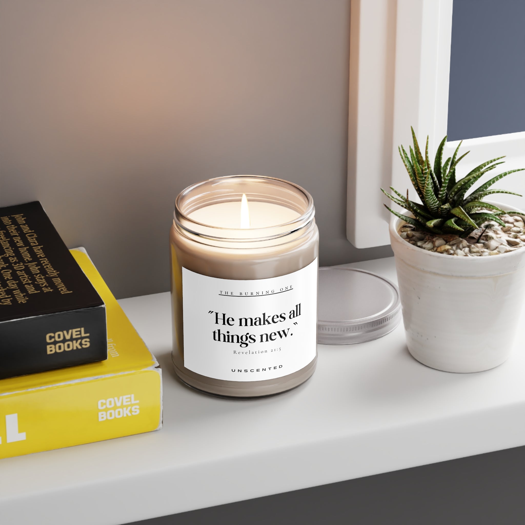Scented Candle — “He makes all things new.” Inspirational Soy Jar (9oz, Unscented)