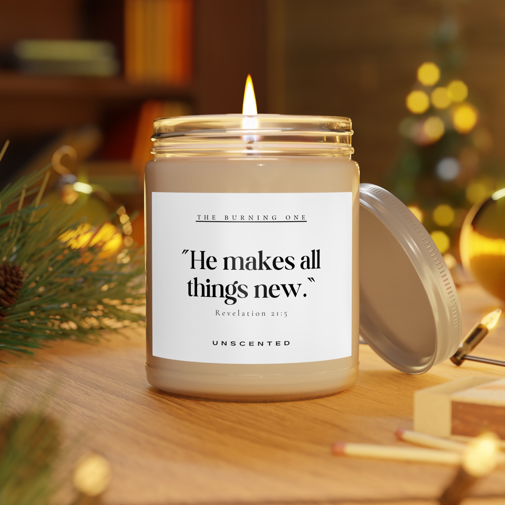 Scented Candle — “He makes all things new.” Inspirational Soy Jar (9oz, Unscented)