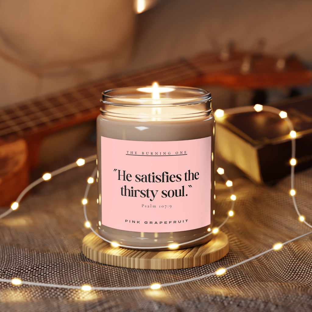 Pink Grapefruit Soy Candle — "He satisfies the thirsty soul." (9 oz, White Lid)