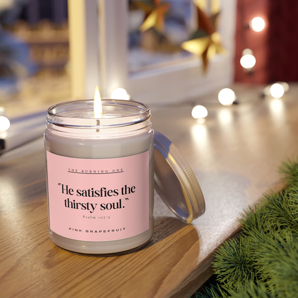Pink Grapefruit Soy Candle — "He satisfies the thirsty soul." (9 oz, White Lid)
