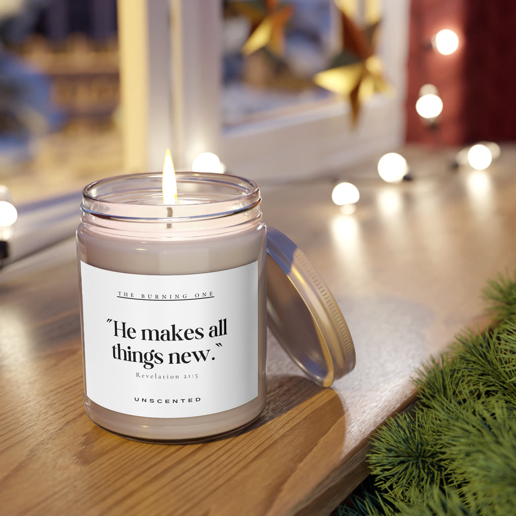 Scented Candle — “He makes all things new.” Inspirational Soy Jar (9oz, Unscented)