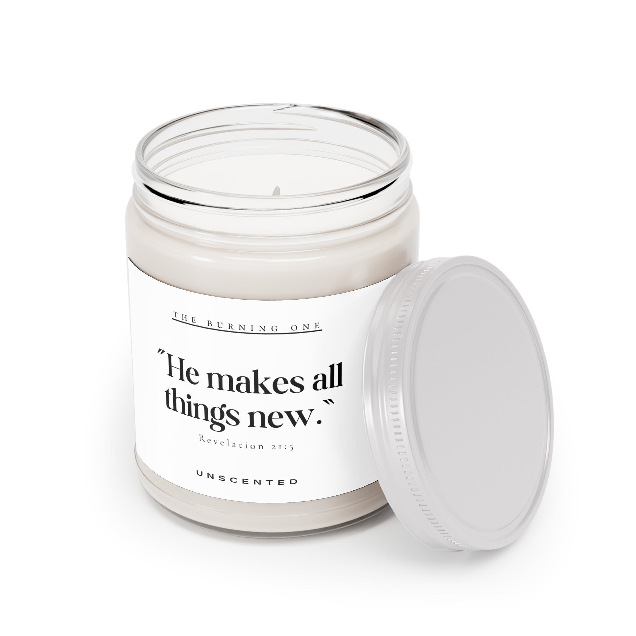 Scented Candle — “He makes all things new.” Inspirational Soy Jar (9oz, Unscented)