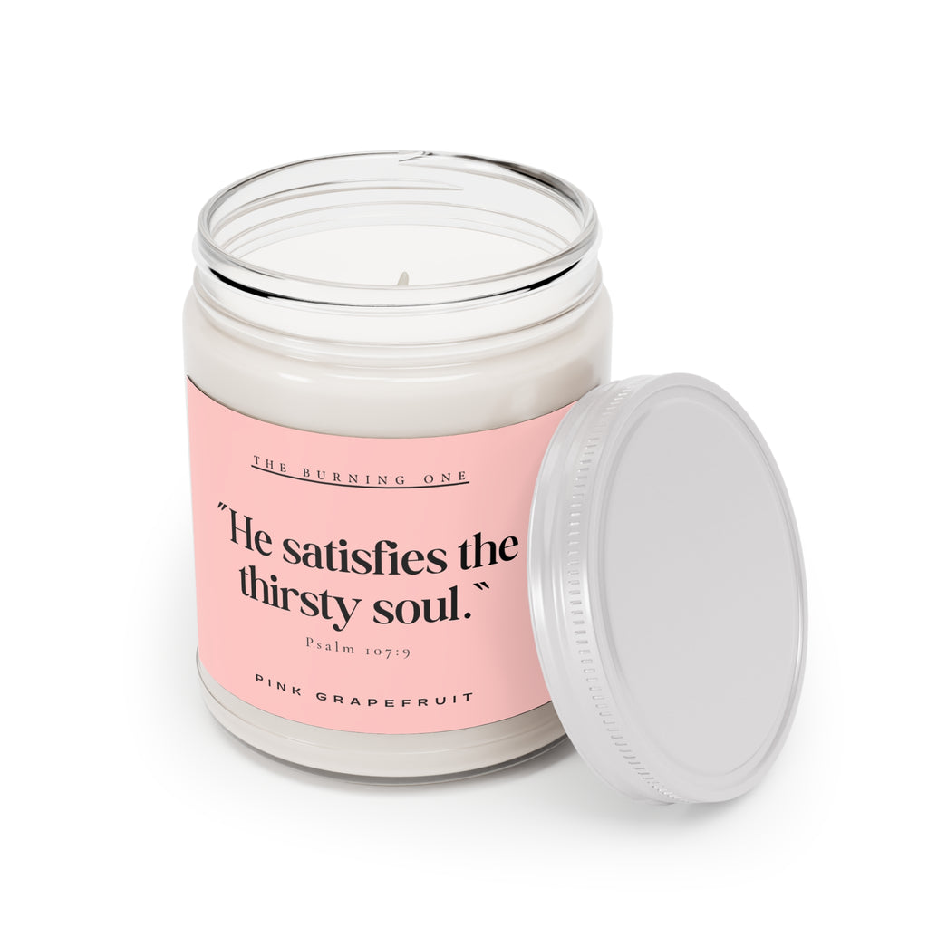Pink Grapefruit Soy Candle — "He satisfies the thirsty soul." (9 oz, White Lid)